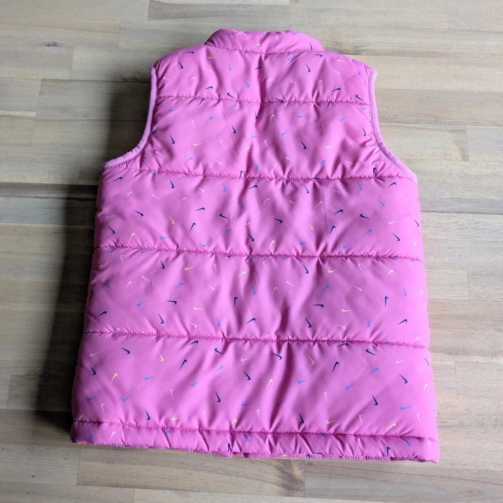 Nike Kids Pink Mini Swoosh Puffer Vest Fleece Lined Full Zip Jacket Size 6Y Med